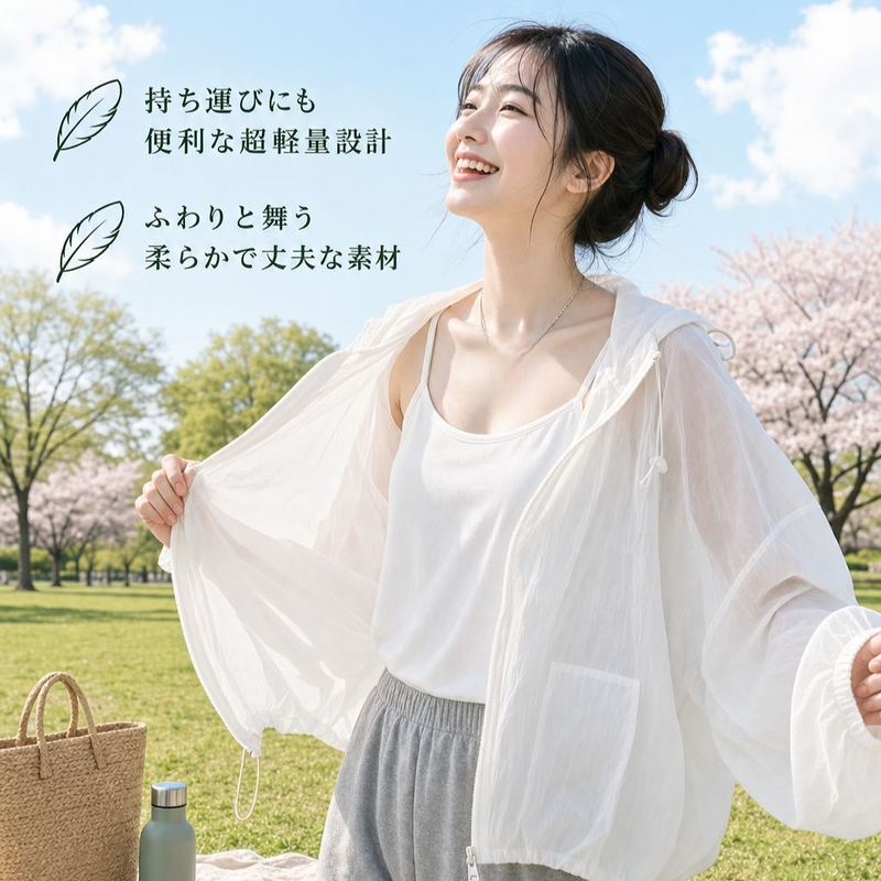 女性用薄手UVカットフード付きジャケット