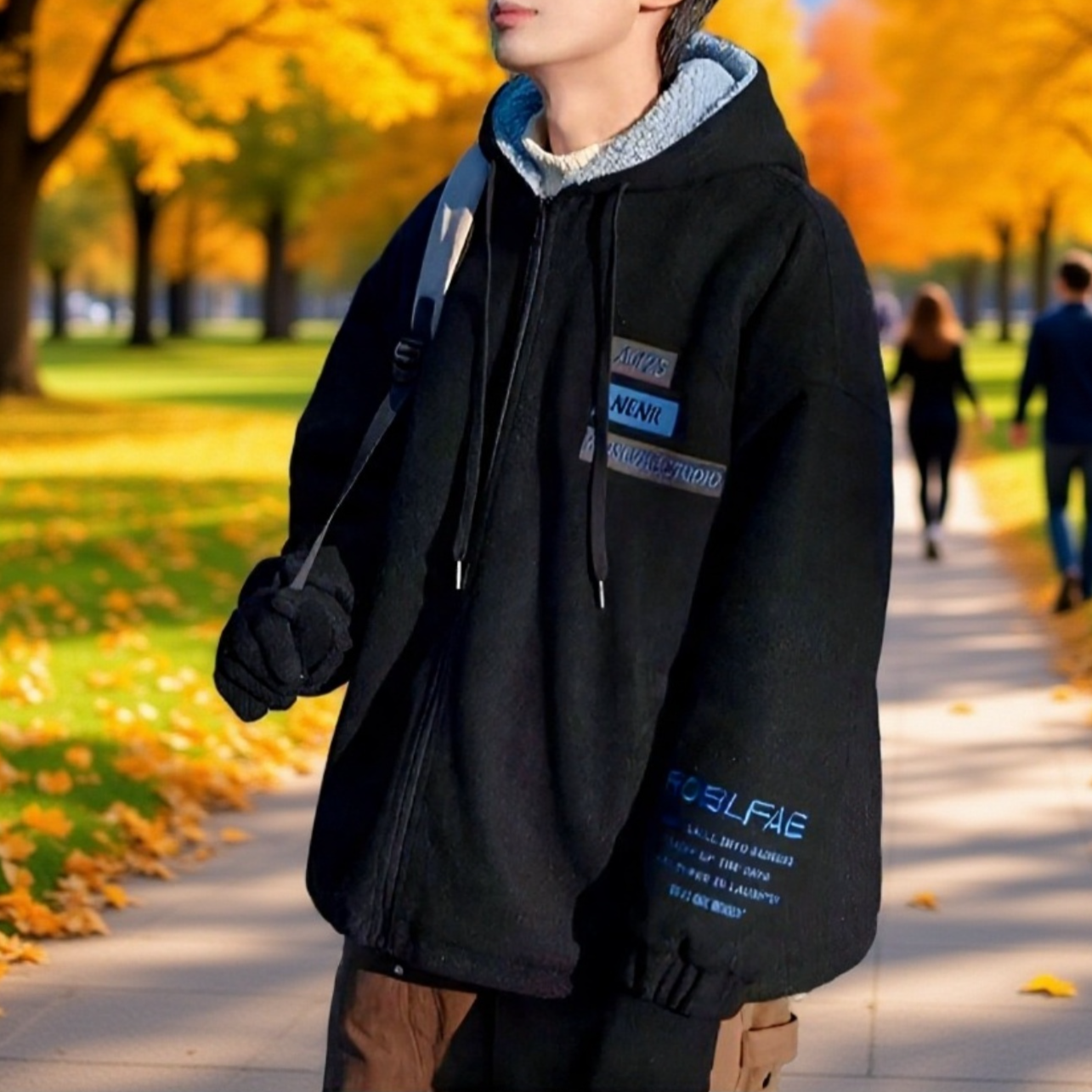 羊羔ボア綿入りジャケット ゆったり刺繍入りフード付きアウター アメリカンヴィンテージ風