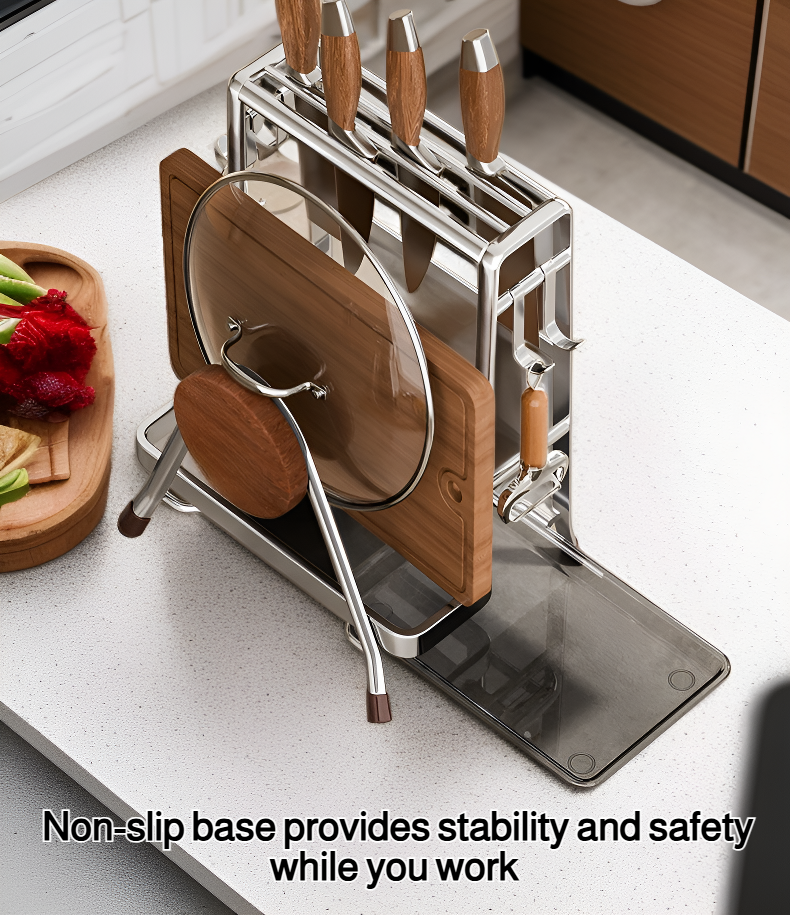 Close-up view of stainless steel knife holder with cutting boards