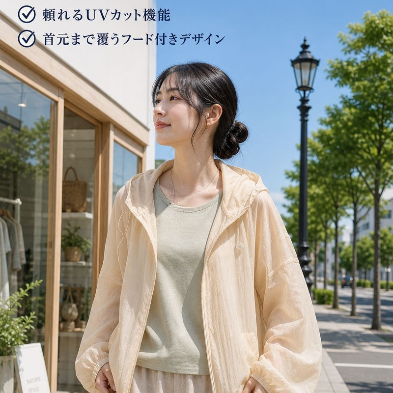 女性用薄手UVカットフード付きジャケット