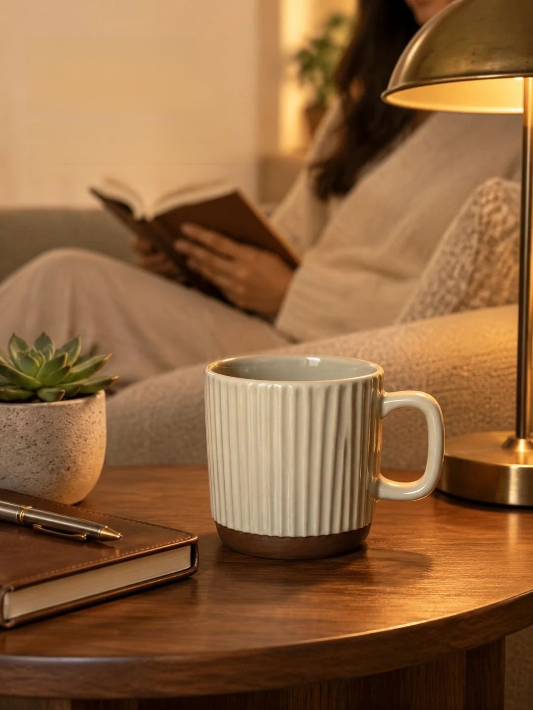 Pair of Retro Beige Vertical Stripe Stacking Mugs for minimalistic spaces