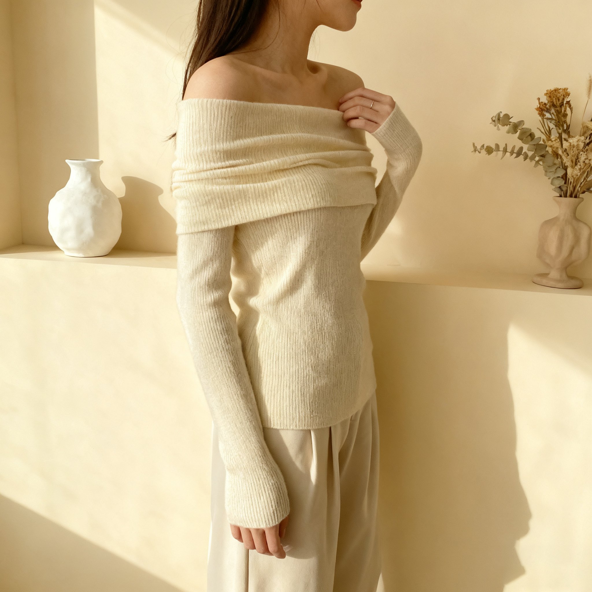 밝은 노란색 원숄더 스웨터 전체 이미지