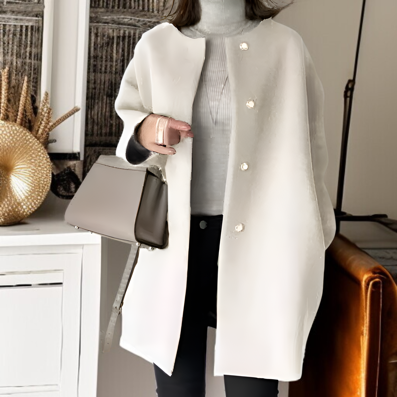 【Brelia-jp】上質なゆったりとした和風ストレートカットコート、レディース、秋冬、上品な無地、シンプルなウールオーバーコート。