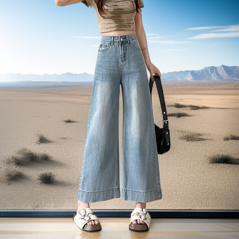بنطال جينز نسائي واسع الأرجل بخصر عالي من قماش التنسل