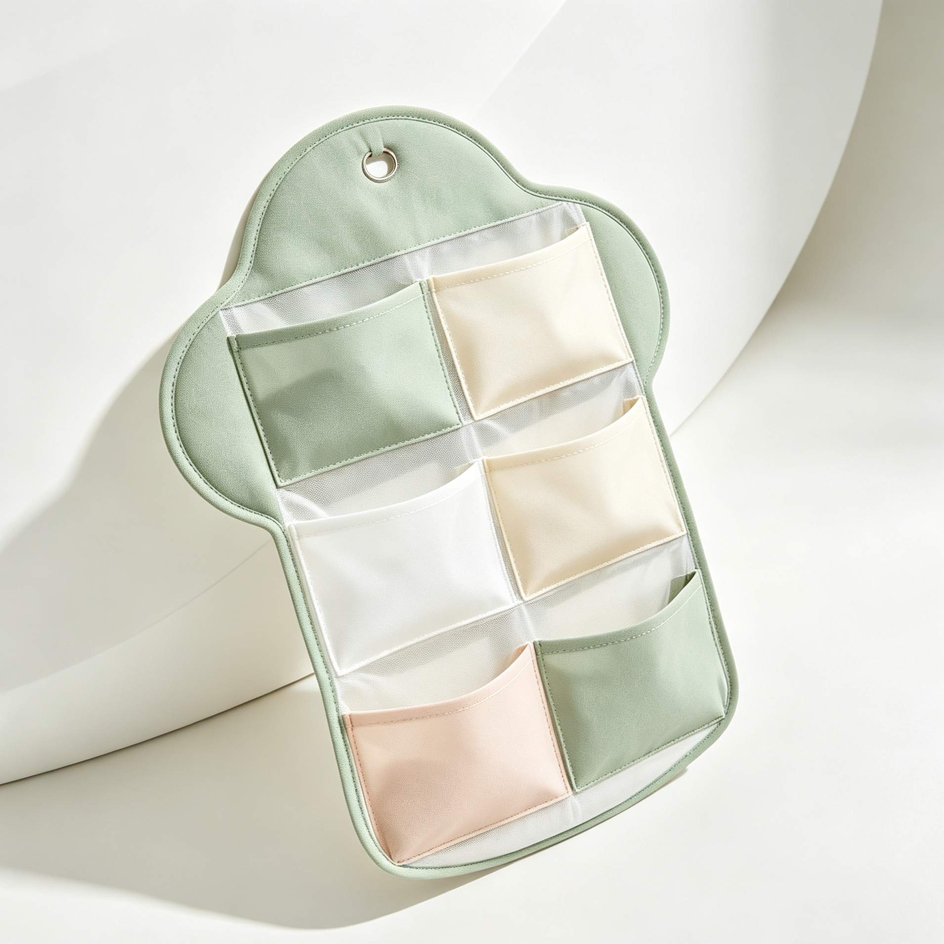 Hanging organizer bags filled with toys and accessories