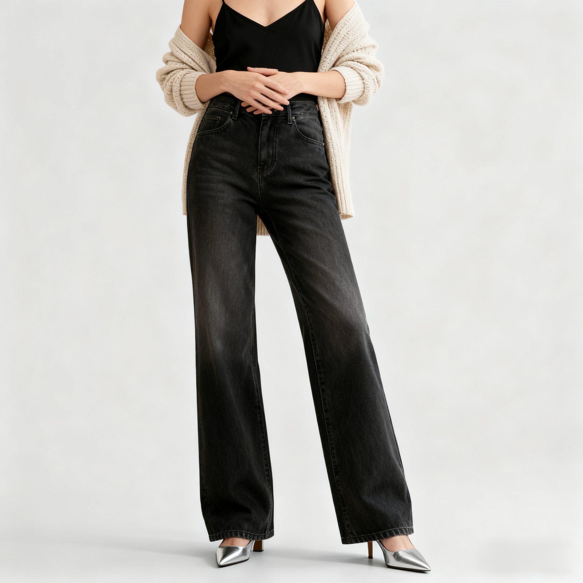 여성 클래식 블랙 루즈핏 하이웨이스트 청바지