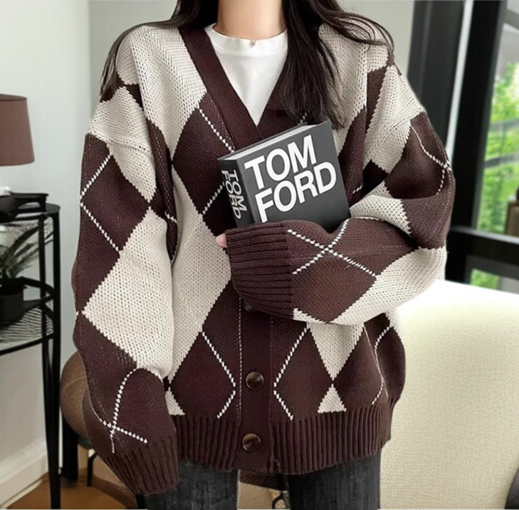 여성 아가일 당색 니트 카디건 아웃도어 학원풍 루즈핏 울 카디건 나른한 스웨터 카디건