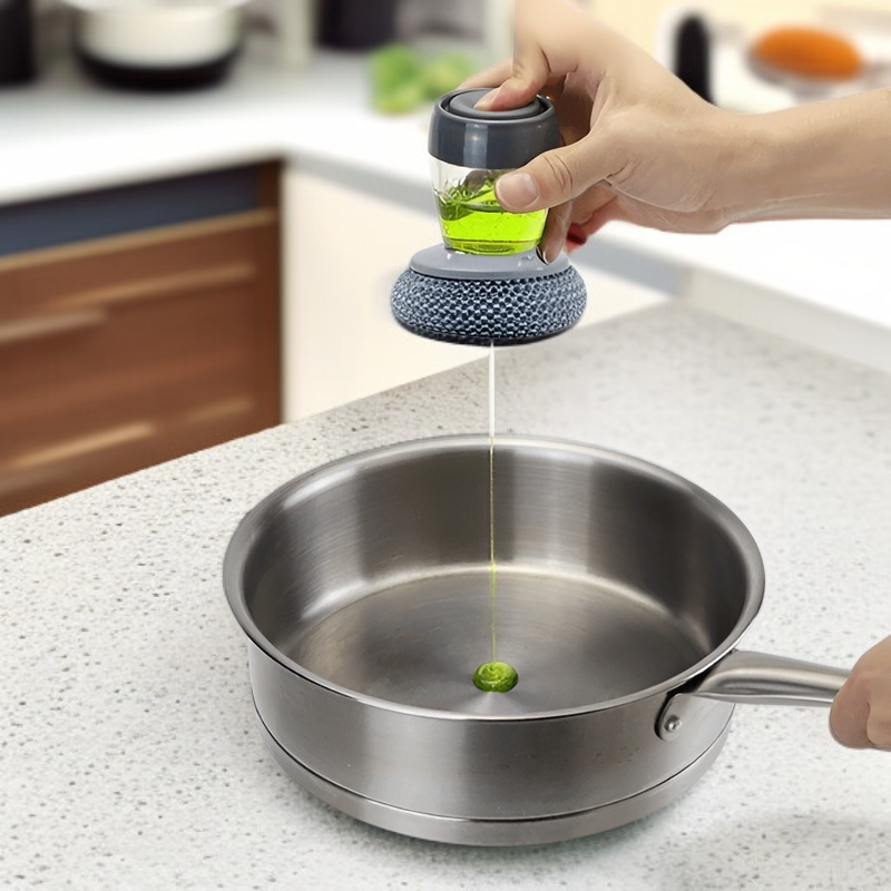 Multifunctional Kitchen Cleaning Brush with Soap Dispenser Short Handle Sponge Wire Ball