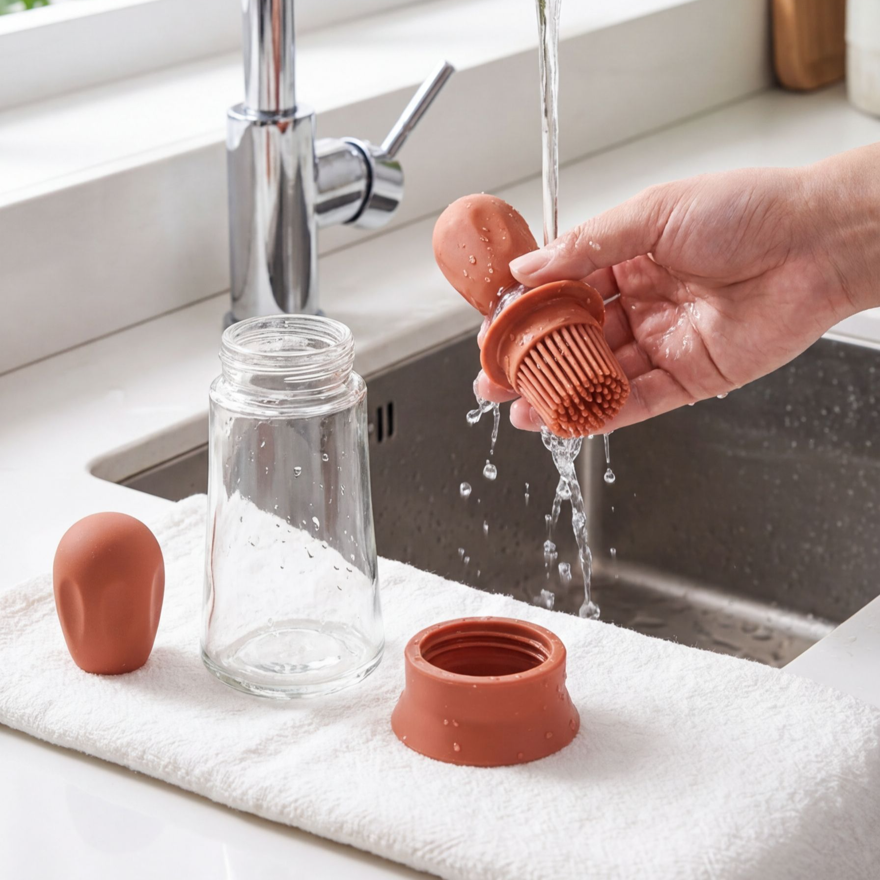 オイルディスペンサーにオリーブオイルを注ぐ様子