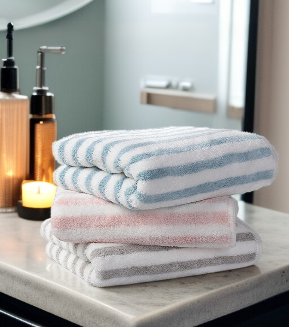 多色珊瑚絨細條紋毛巾展示