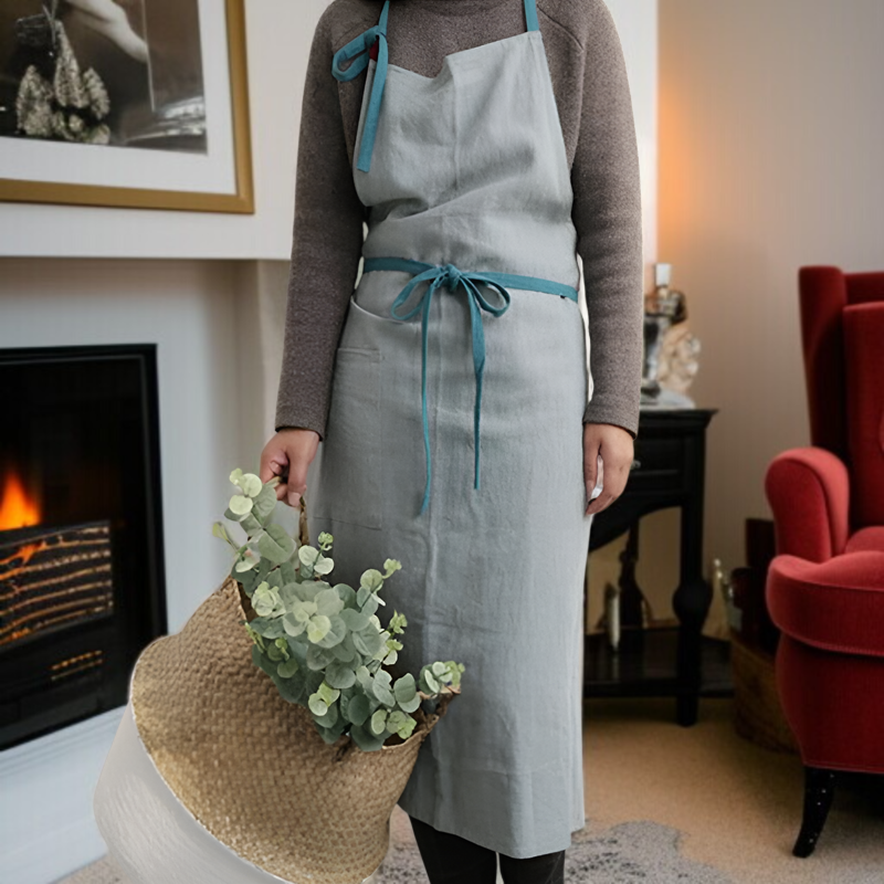 エプロン 首掛け リネン カフェ風 シンプル おしゃれ ナチュラル 首掛け リネン カフェ風 シンプル おしゃれ ナチュラル 北欧風 無地 おしりが隠れる ポケット付き 男女兼用