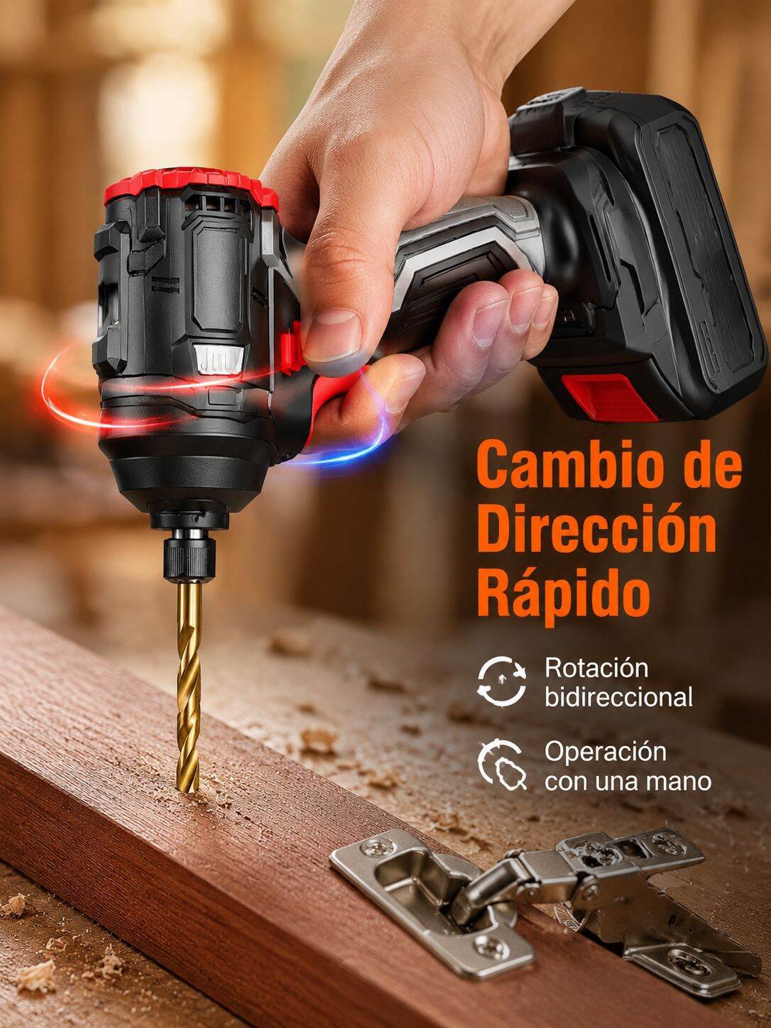 Taladro percutor 21V perforando madera