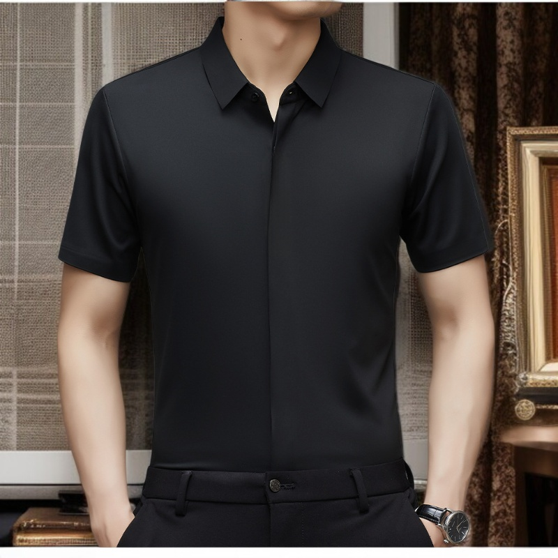 ビジネスメンズファッションシャツ 中年男性用ノンマーキング高弾性アイスシルク半袖シャツ サマーファッション・ビジネスシャツ