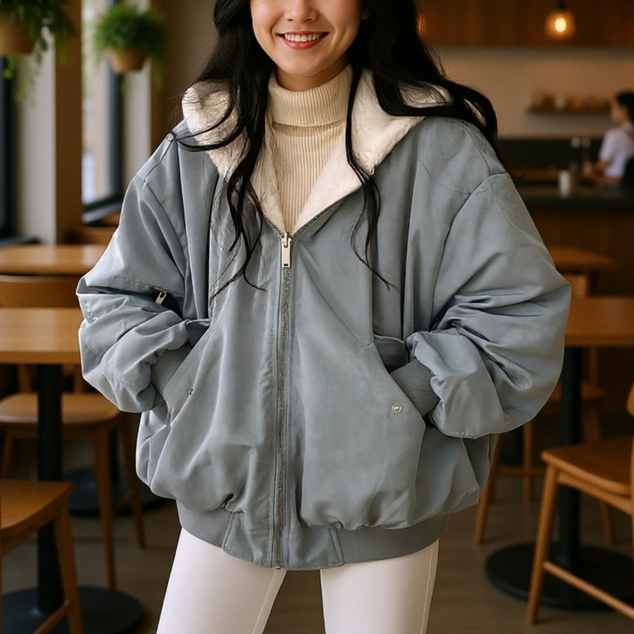 厚手生地の冬用レディースコート横からの写真