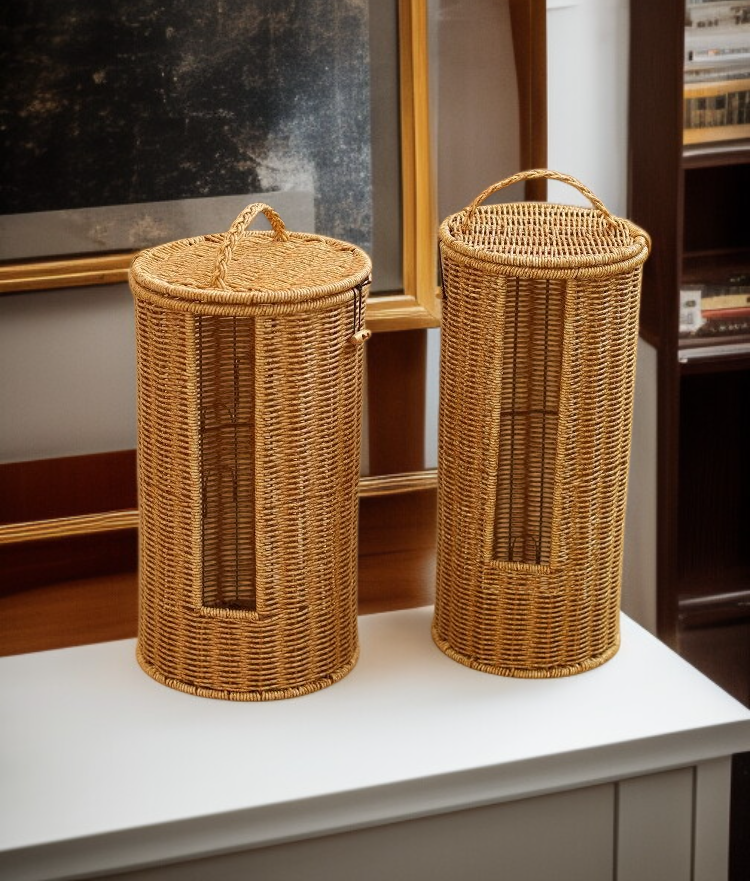 등나무 둥근 띠 덮개 수납 광주리 전체 모습
