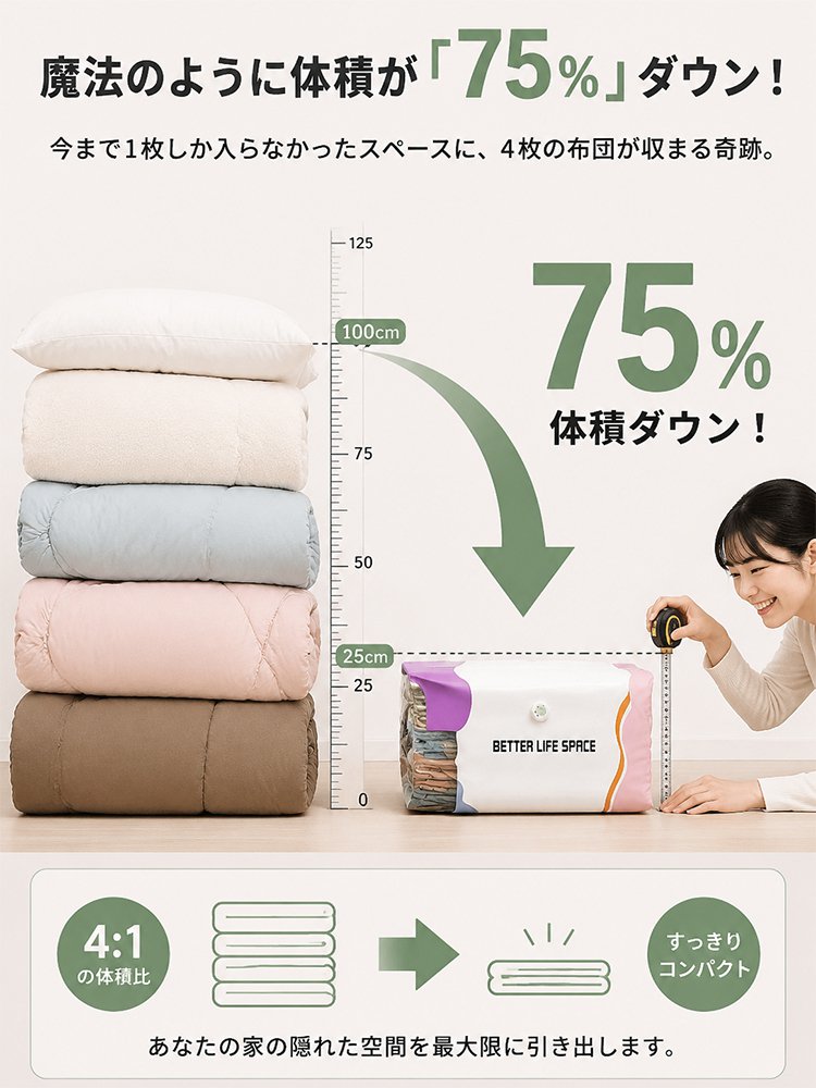 【家中まるごとスッキリ収納】ポンプ不要立体圧縮袋 