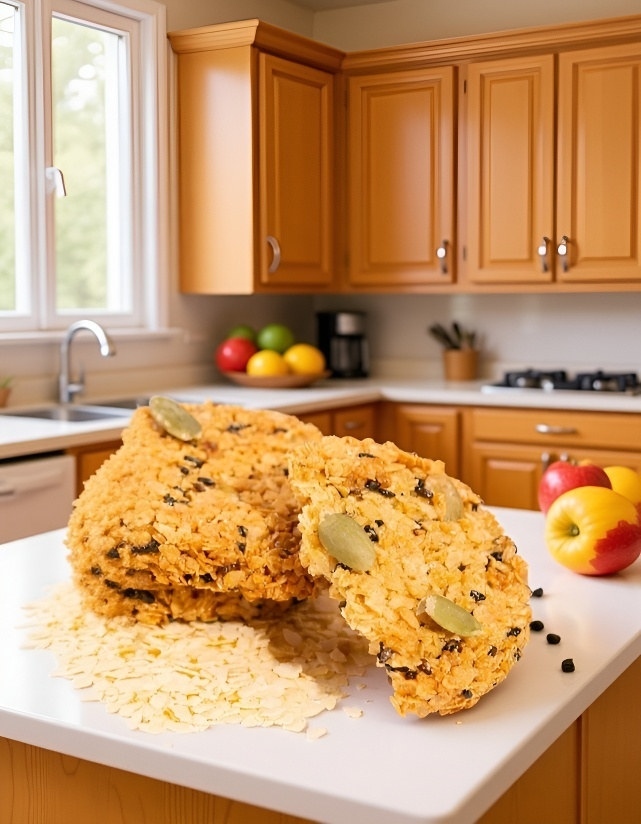 Crujiente de avena con semillas de calabaza servido en desayuno