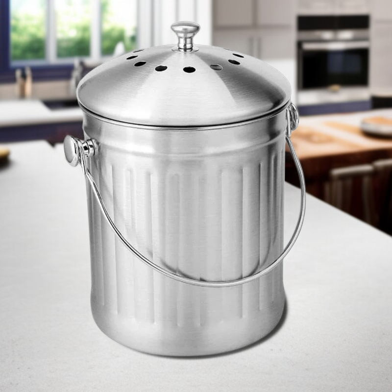 Nerezový odpadkový koš na zpracování kuchyňského odpadu s víkem – kuchyňský kompostér