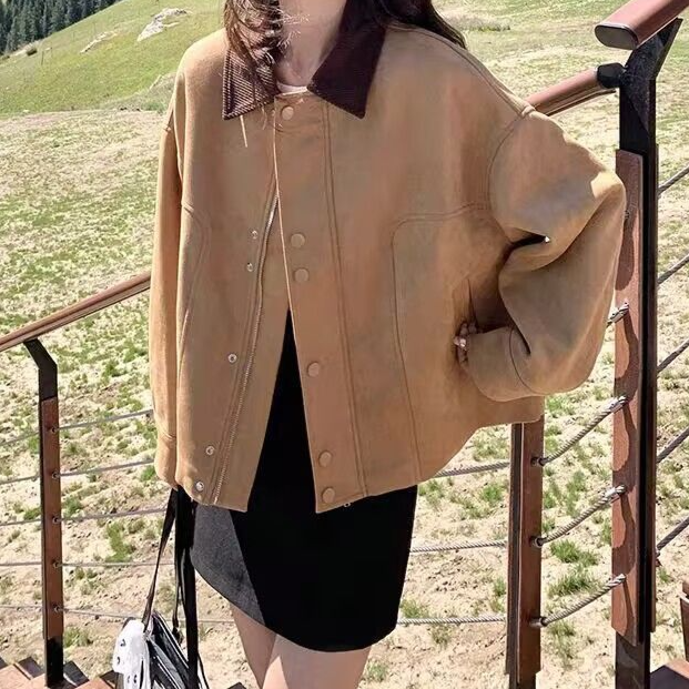 Women's autumn candy color suede short vintage jacket front view