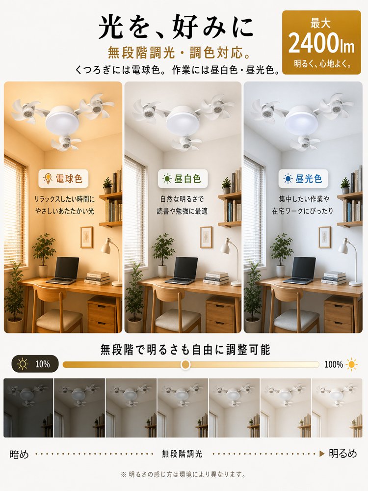 静音・調光・省エネシーリングファンライト（リモコン付き）