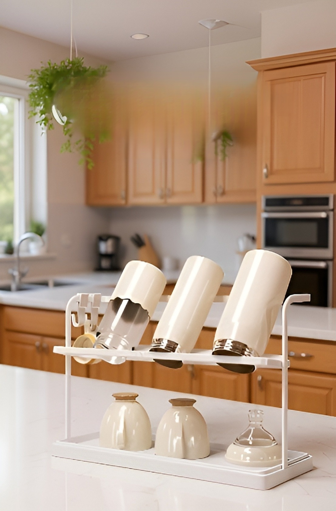 주방 조리대에 놓인 이중 레이어 역전 컵 랙 전체 모습