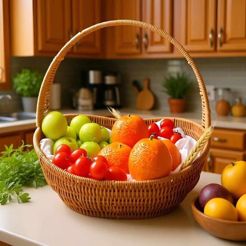 Rattan basket filled with fruits