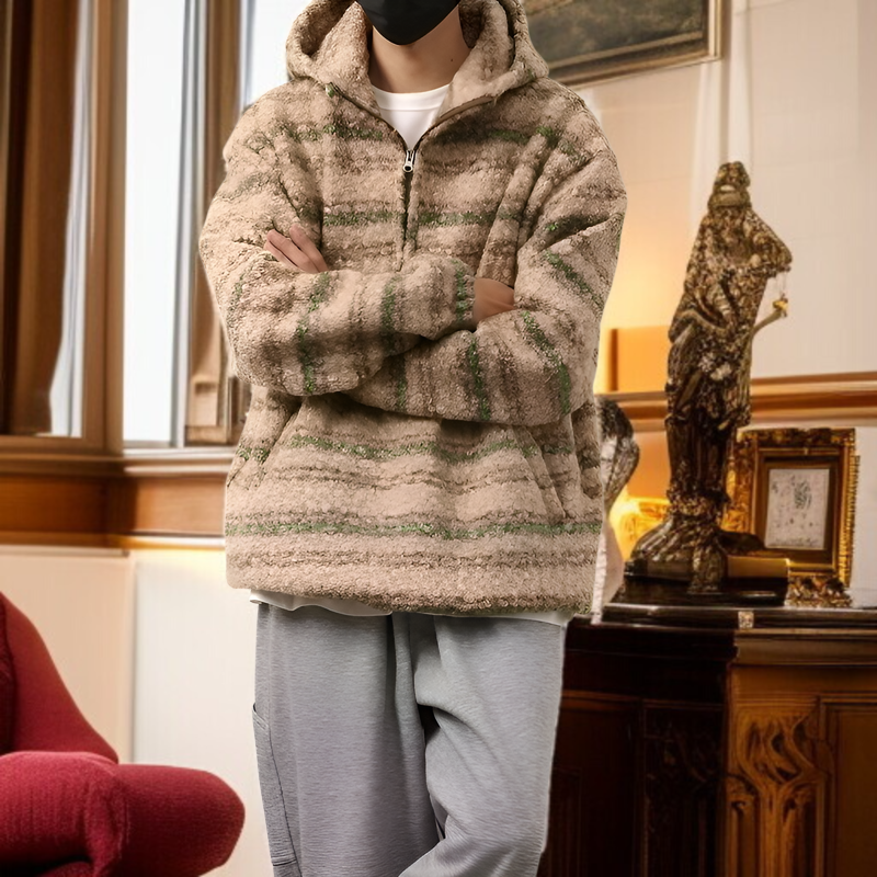 2026年春夏新作 メンズ トレンドのストライプ柄ルーズウールコートとレトロルーズニット