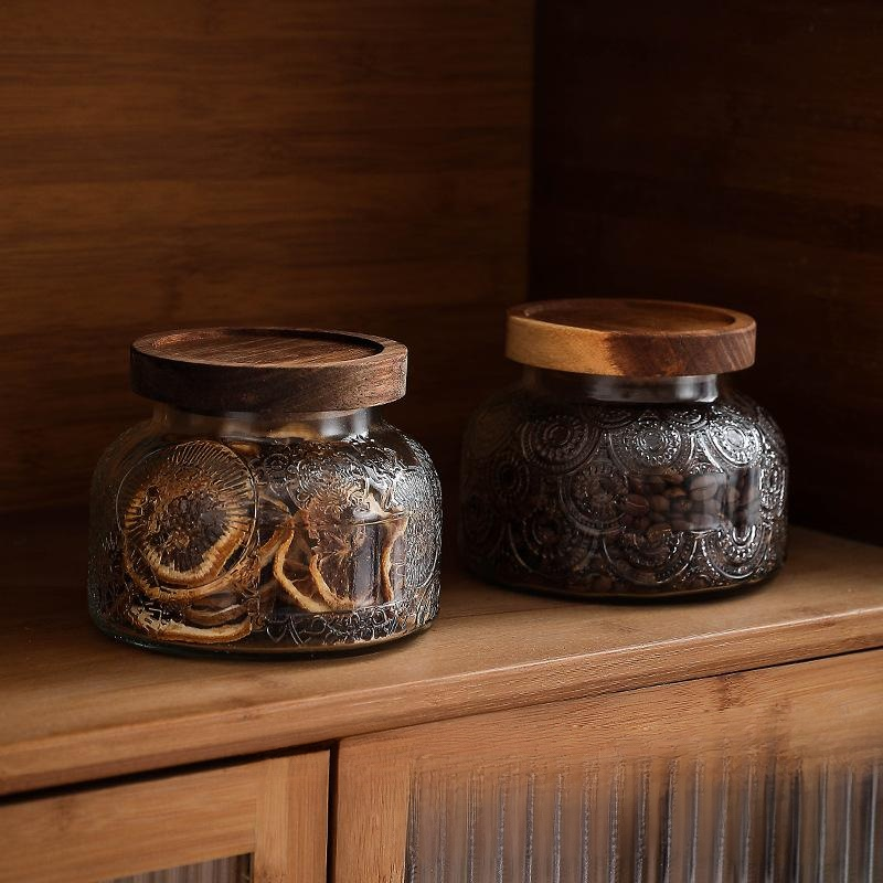 復古玻璃密封罐木蓋咖啡豆儲存罐茶葉罐