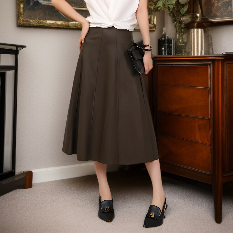 ミディアム丈PUレザースカート