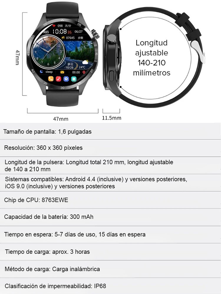  Reloj inteligente impermeable con medición de glucosa y frecuencia cardíaca