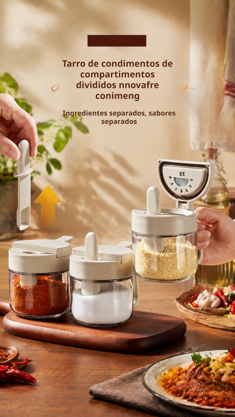 Frasco de condimentos de vidrio con cuchara para cocina