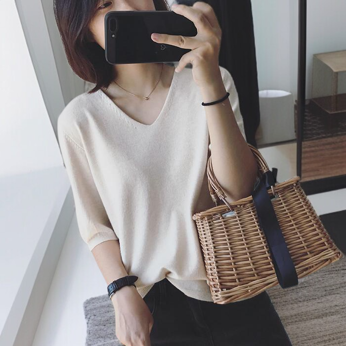 여성 이너 니트 반팔티 캐주얼 반팔 티 상의 순색 브이넥 반팔티