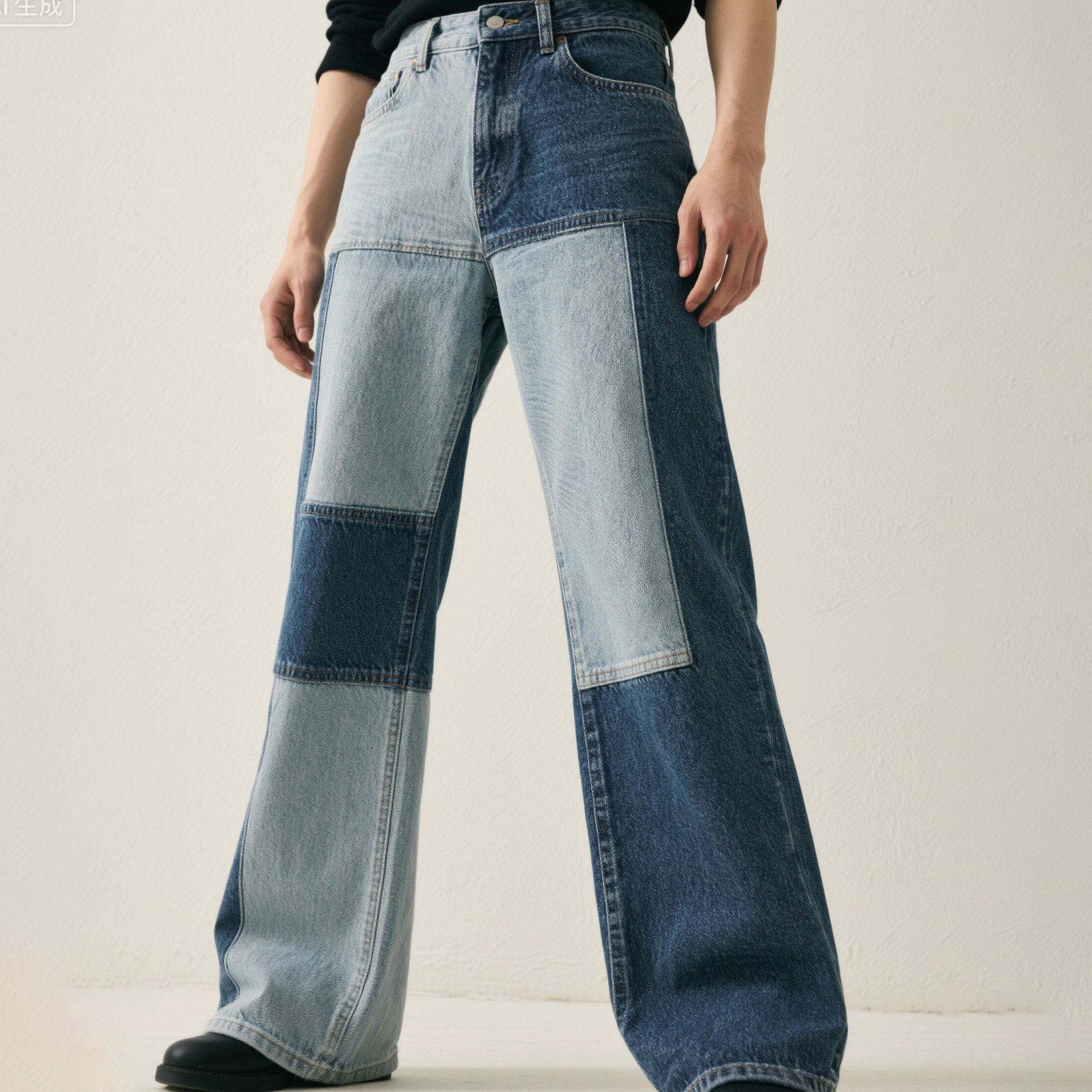 빈티지 컬러블록 와이드 데님 팬츠