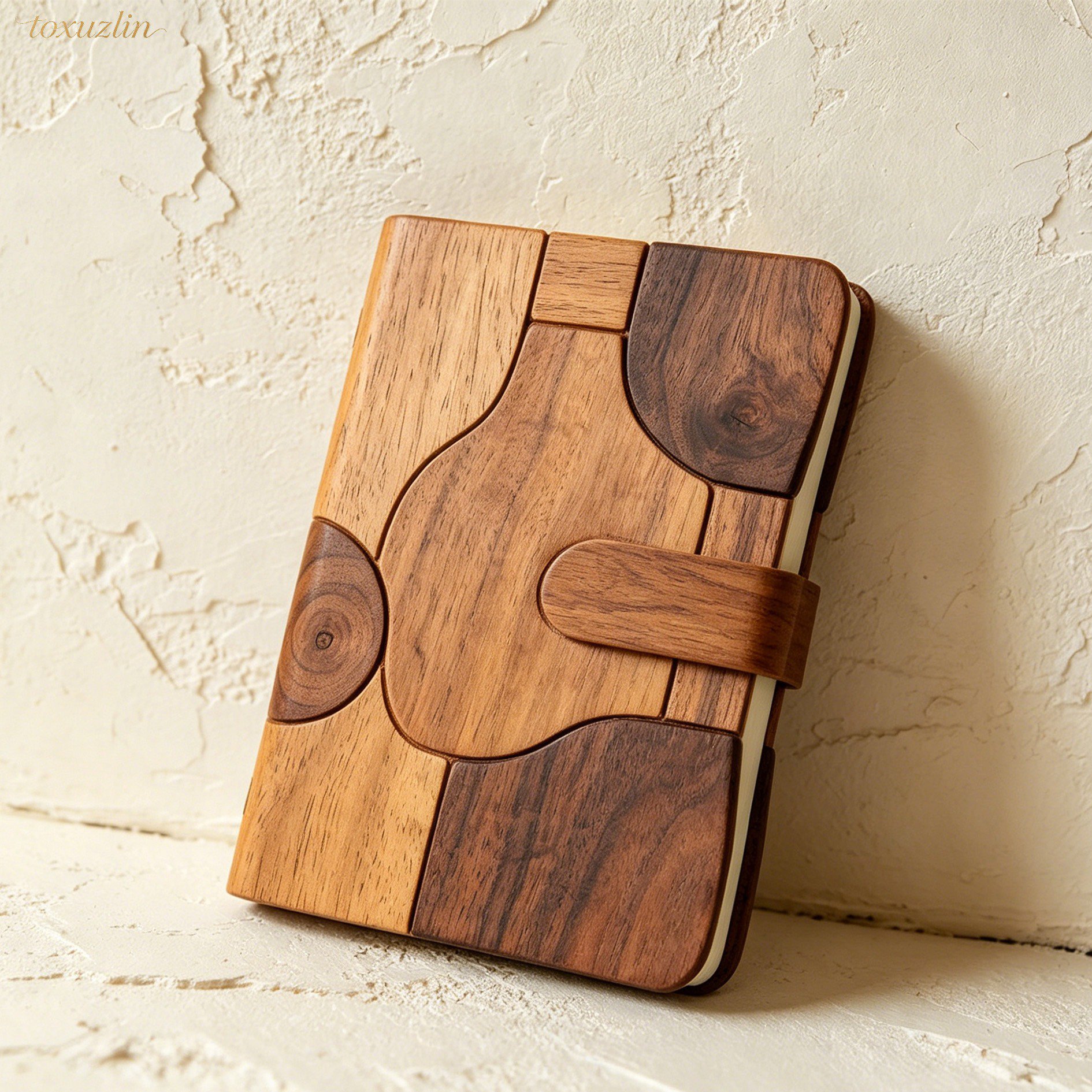 Carnet créatif à couverture en bois posé sur une table