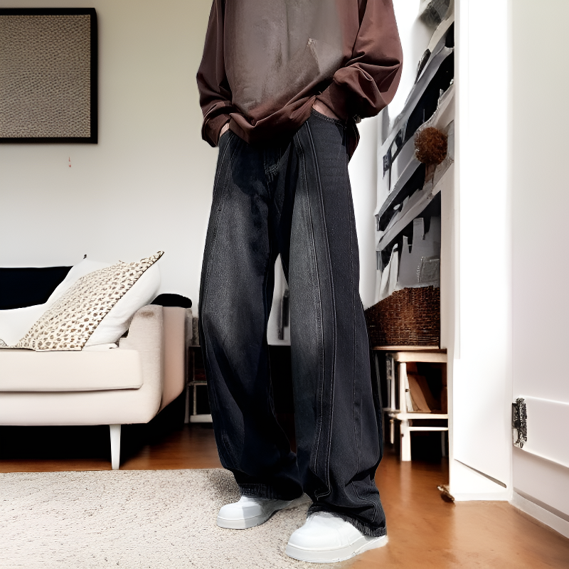 한국판 빅사이즈 패션 남성복 패치 데님 팬츠 남 스트레이트 루즈핏 데일리룩 가을 겨울 긴바지