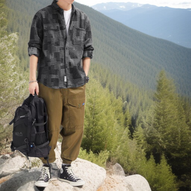 春のメンズマルチポケットカジュアルルーズフィット長袖シャツ