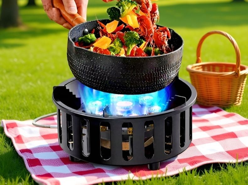 캠핑 테이블 위 방풍 가스 스토브
