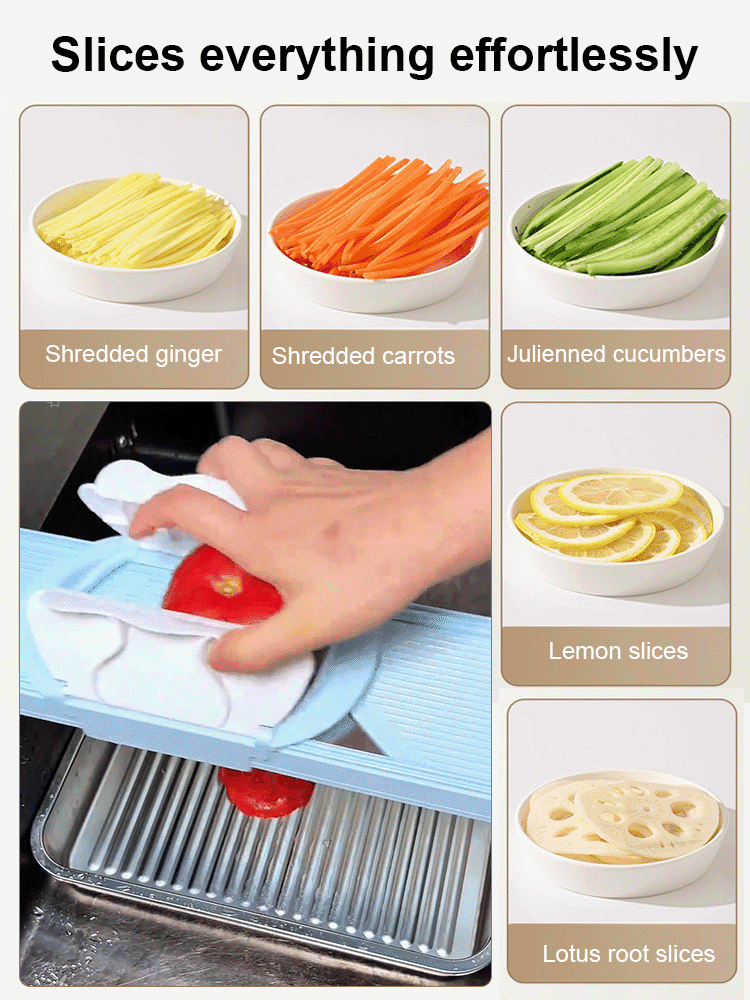 Essential kitchen tool: hand-safe vegetable slicer and shredder.
