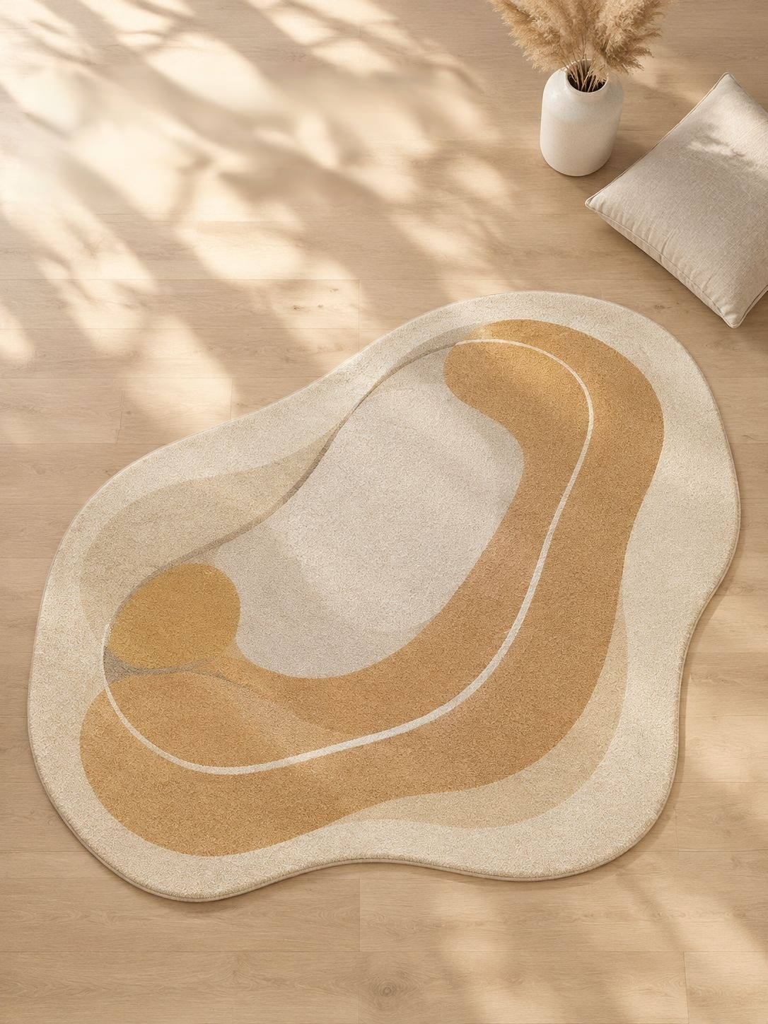 Alfombra de cachemira color crema para sala de estar, diseño minimalista.