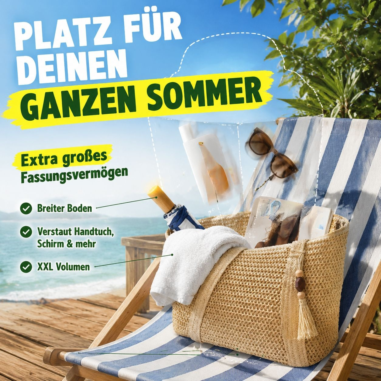 Hochwertige handgefertigte Strohtasche mit Quasten, große Kapazität