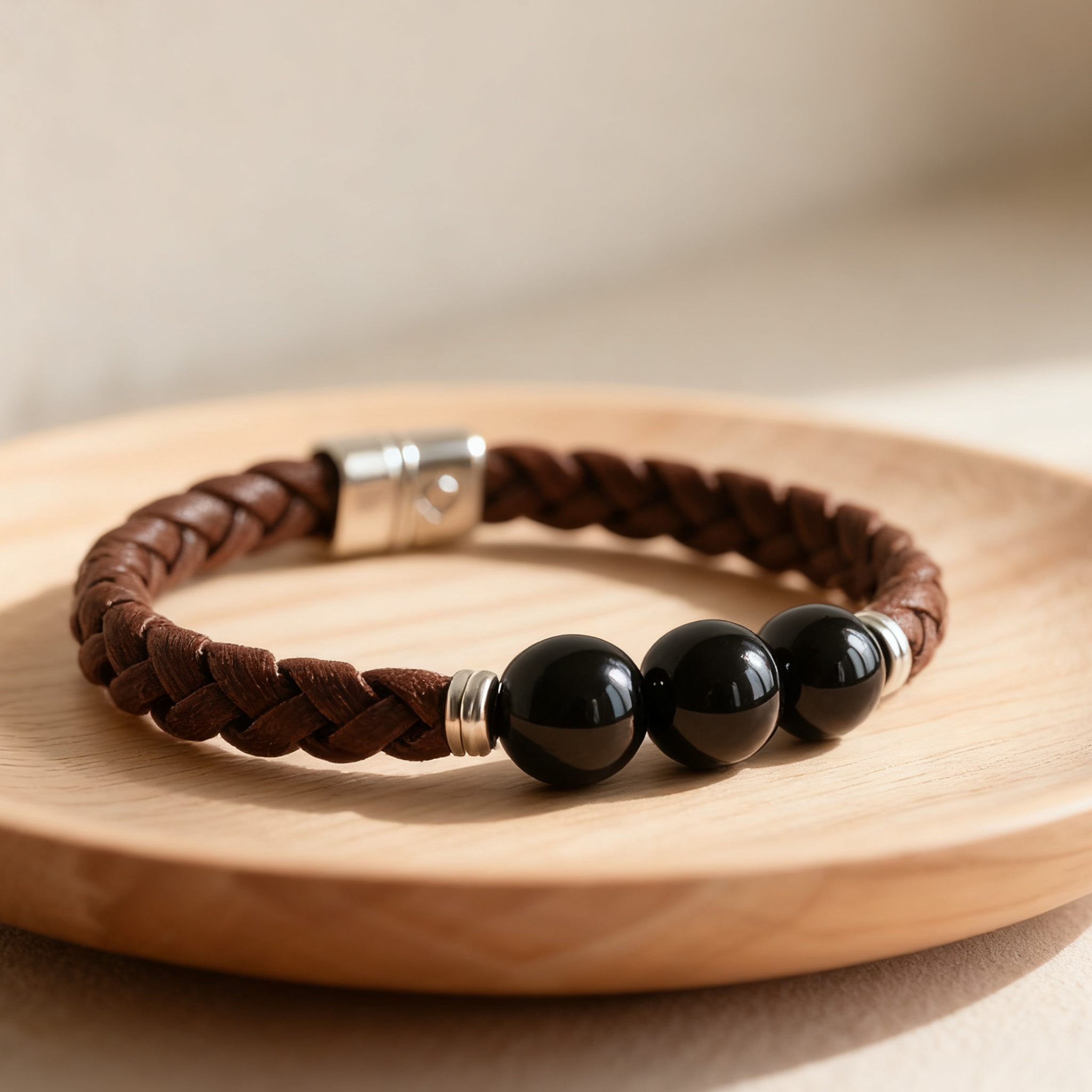 트렌디 흑요석 가죽 액세서리 팔찌