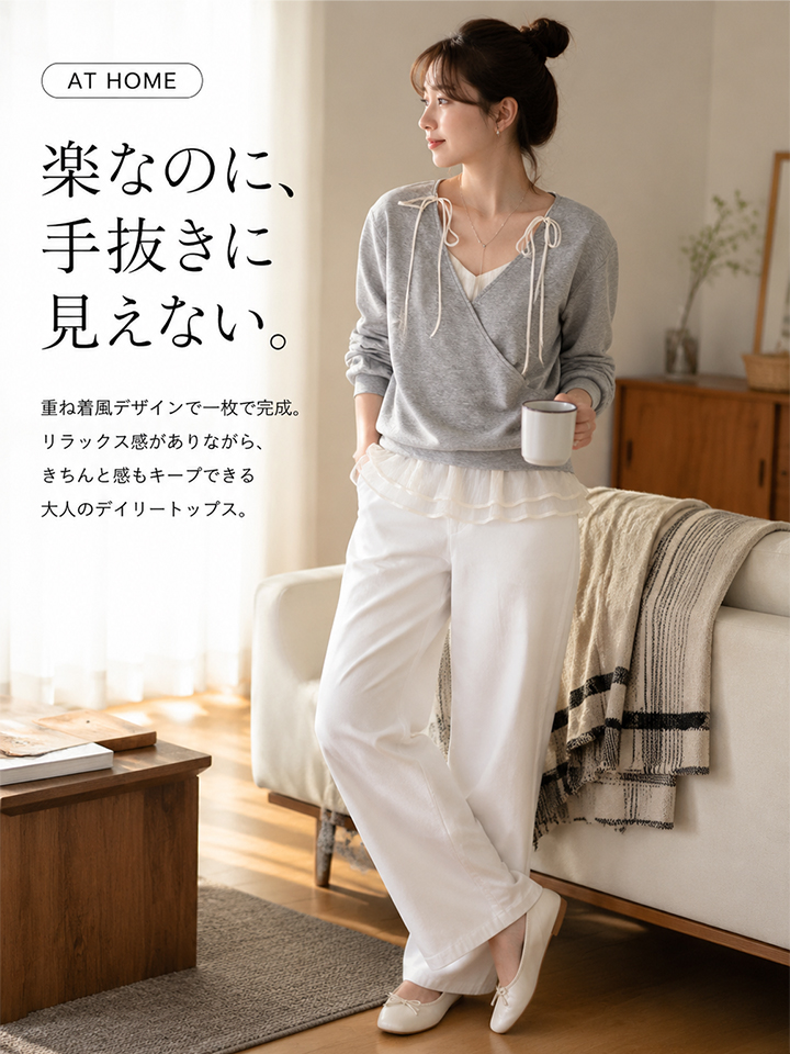 【2026秋新作】Monolly バレエ風レイヤードトップス | 1秒で決まる大人の抜け感