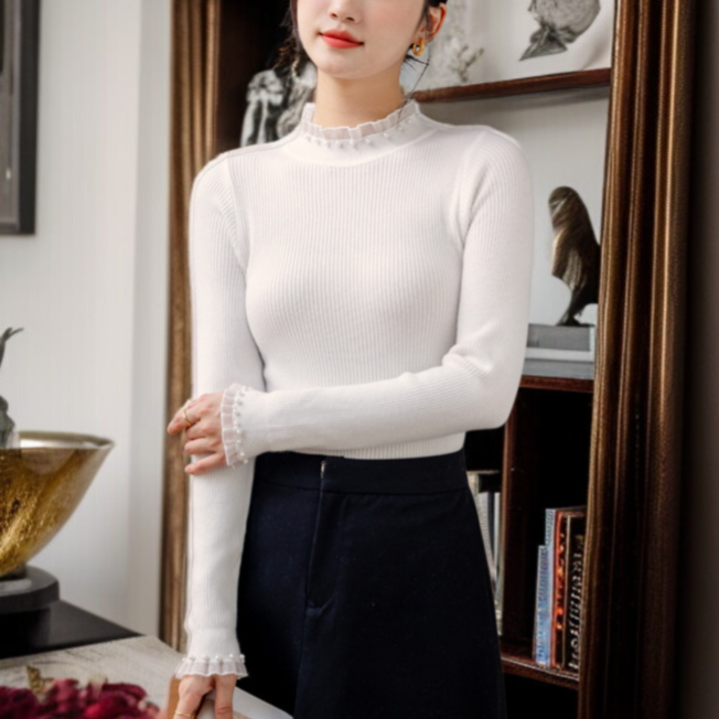 여성 블랙 루즈핏 니트 이너 반폴라 니트 레이스 이너 루즈핏 니트 풀오버 니트