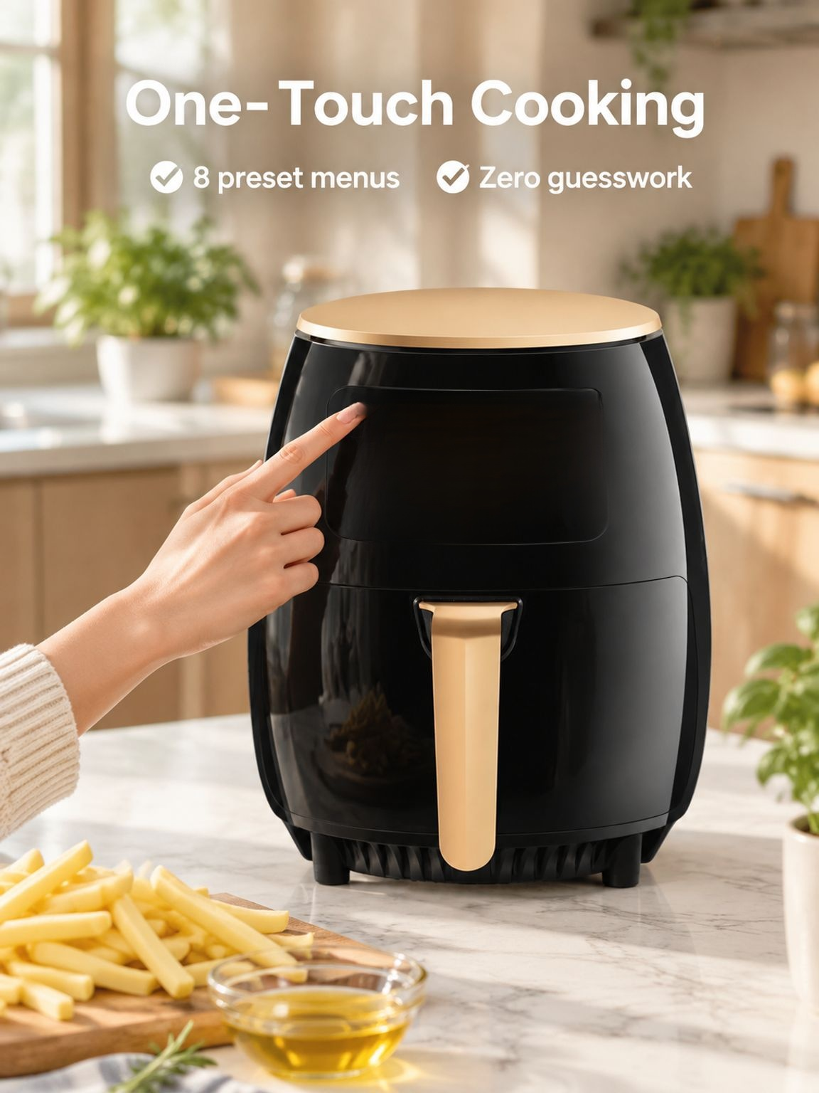 Multifunctional air fryer cooking a family-sized meal