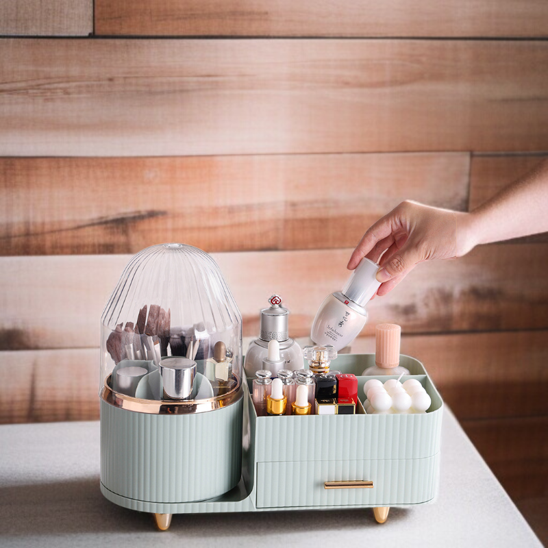 화장품 수납 케이스 테이블 선반 뚜껑 달린 회전 화장품 케이스 방진 정리 뚜껑 달린 립스틱 수납 케이스