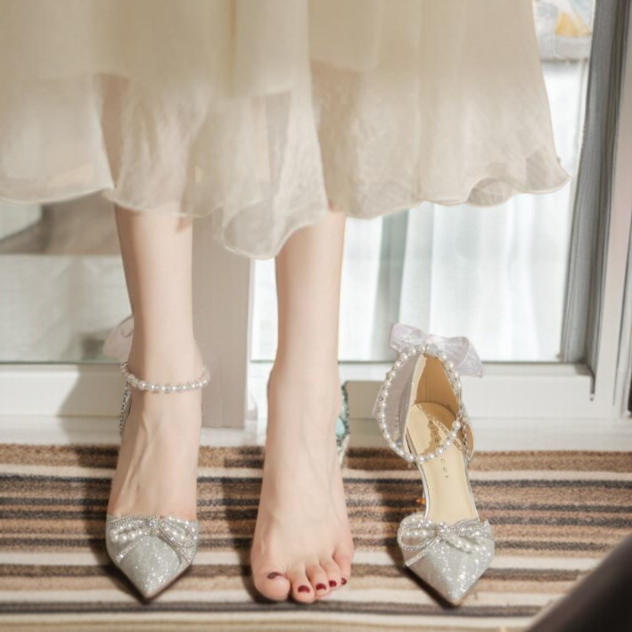 성인 신부 굽 낮은 힐 실버 크리스털 스틸레토 단화 스틸레토 힐 스니커즈