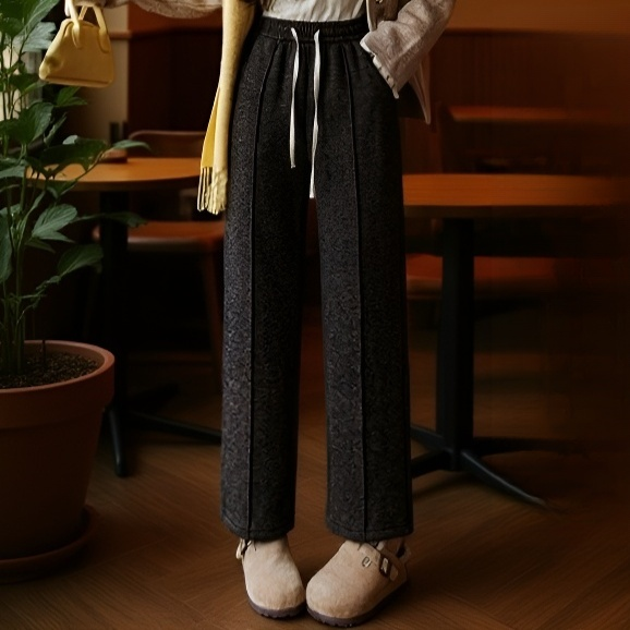 秋冬 ハイウエスト ストレートレッグ ウール パンツ（フリース裏地付き）