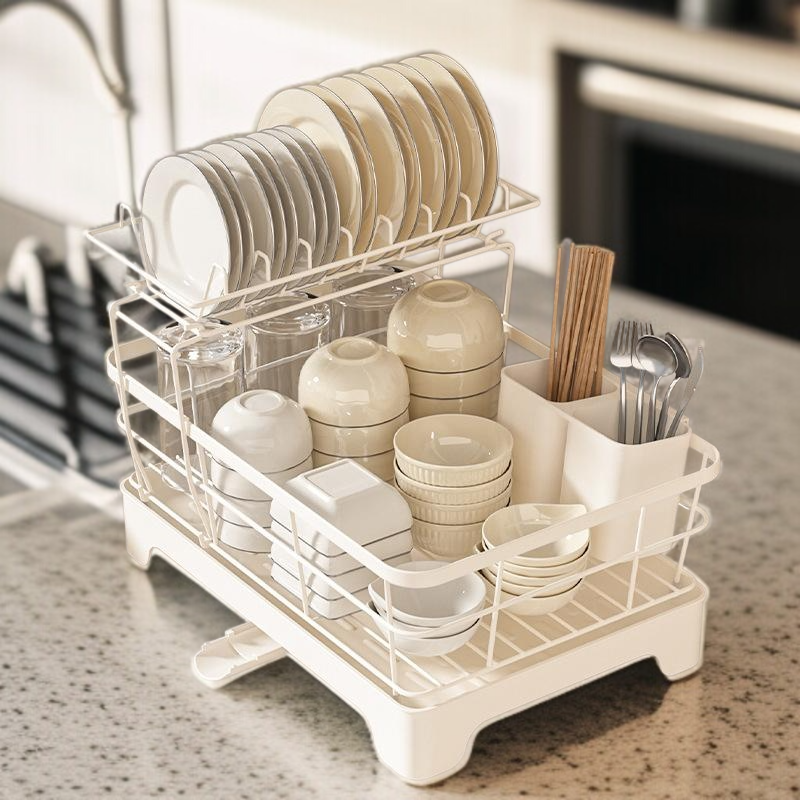 물빠짐 그릇 선반 가정용 탄소강 그릇 수납 선반 주방 선반 수저통 2단 그릇 선반 물빠짐 선반