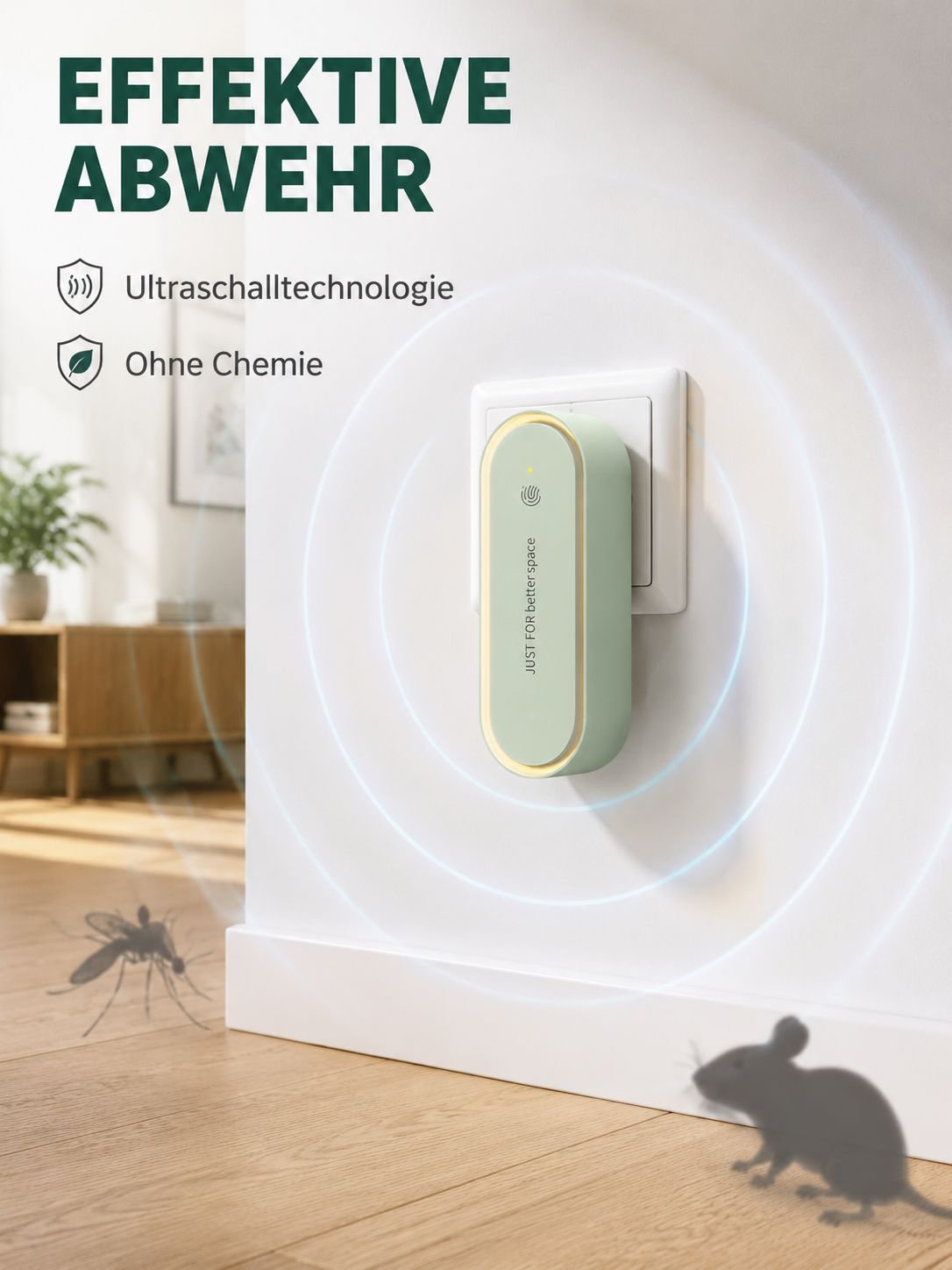 Ultraschall Mücken- und Mäuseabwehrgerät mit LED-Licht, 360° Insektenvernichter