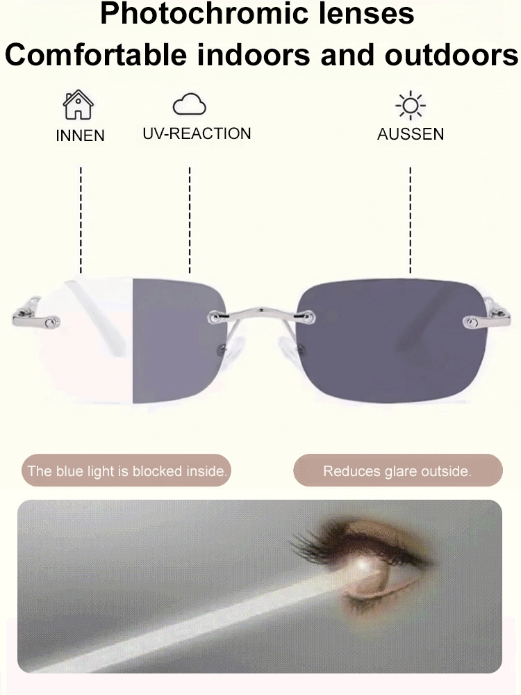Light-sensitive colour-changing zoom rimless presbyopia glasses 【Men's and women's models】